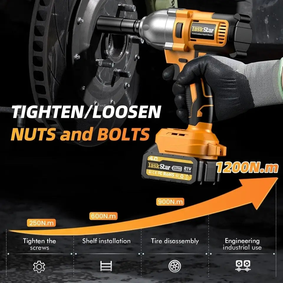 TaskStar Cordless Impact Wrench 1/2 inch, 1200N·m Brushless High Torque Electric Wrench