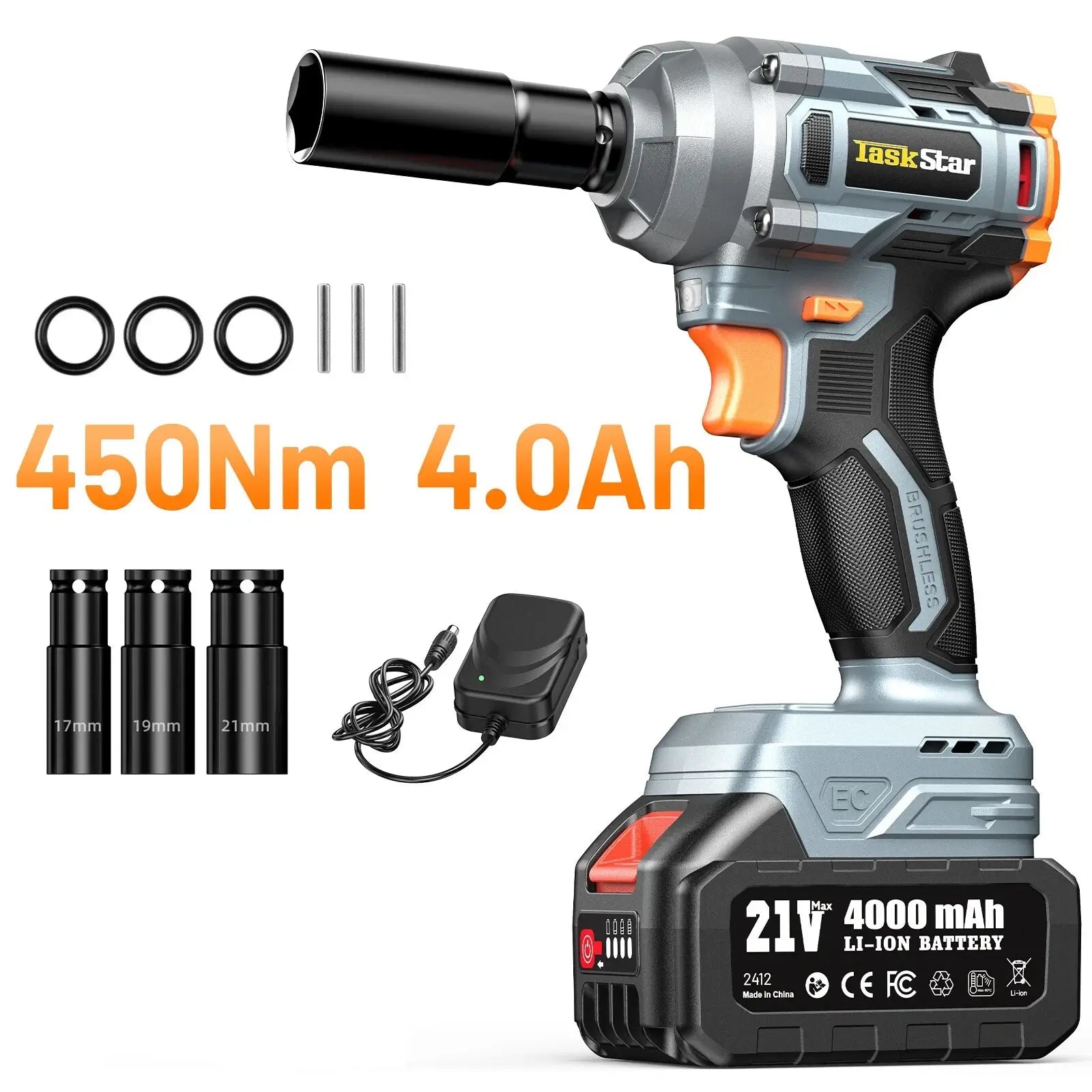 TaskStar 1/2" Brushless Impact Wrench, Power Impact Gun W/Max Torque 330Ft-lbs (450N.m), 4.0Ah Rechargable Battery & 3 Sockets, Compact Power Impact Wrench for Lightduty Work Car Home