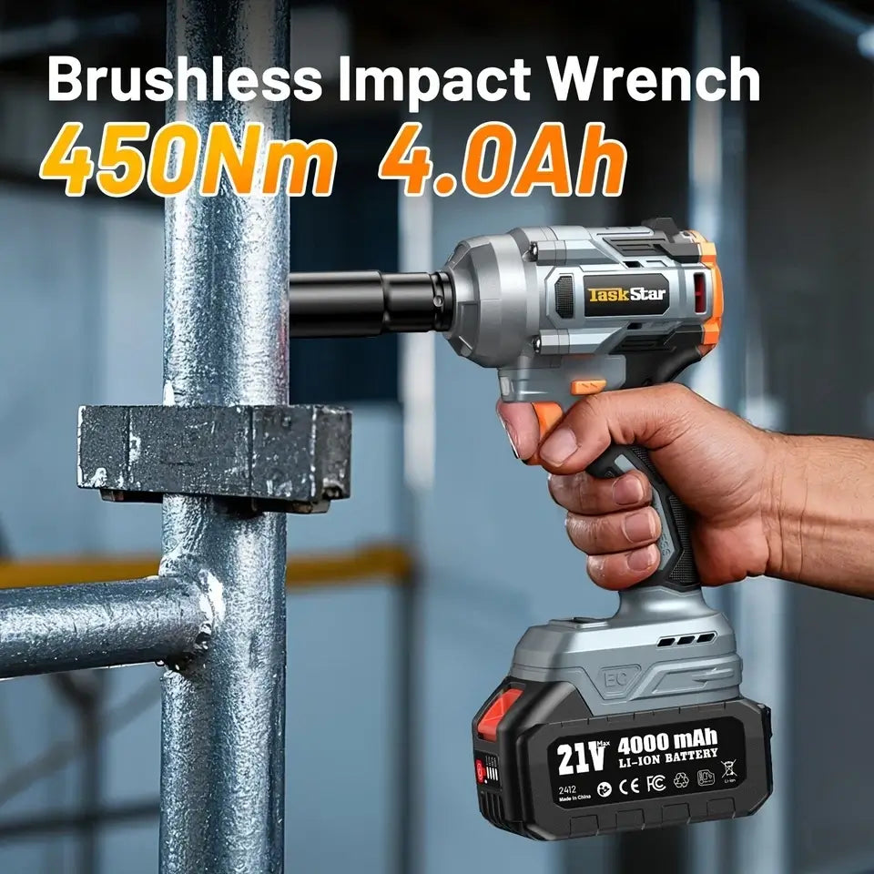 TaskStar 1/2" Brushless Impact Wrench, Power Impact Gun W/Max Torque 330Ft-lbs (450N.m), 4.0Ah Rechargable Battery & 3 Sockets, Compact Power Impact Wrench for Lightduty Work Car Home