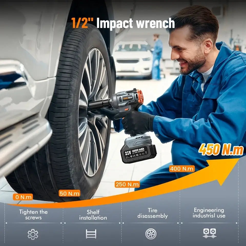 TaskStar 1/2" Brushless Impact Wrench, Power Impact Gun W/Max Torque 330Ft-lbs (450N.m), 4.0Ah Rechargable Battery & 3 Sockets, Compact Power Impact Wrench for Lightduty Work Car Home