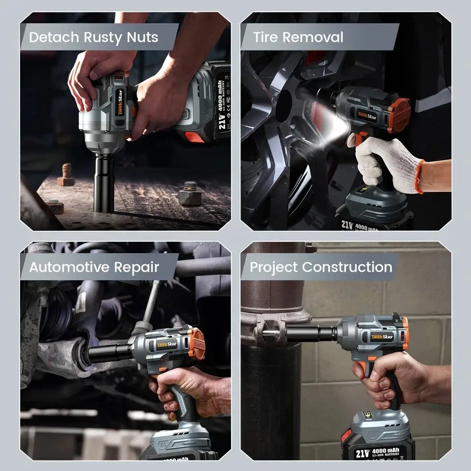 TaskStar 1/2" Brushless Impact Wrench, Power Impact Gun W/Max Torque 330Ft-lbs (450N.m), 4.0Ah Rechargable Battery & 3 Sockets, Compact Power Impact Wrench for Lightduty Work Car Home