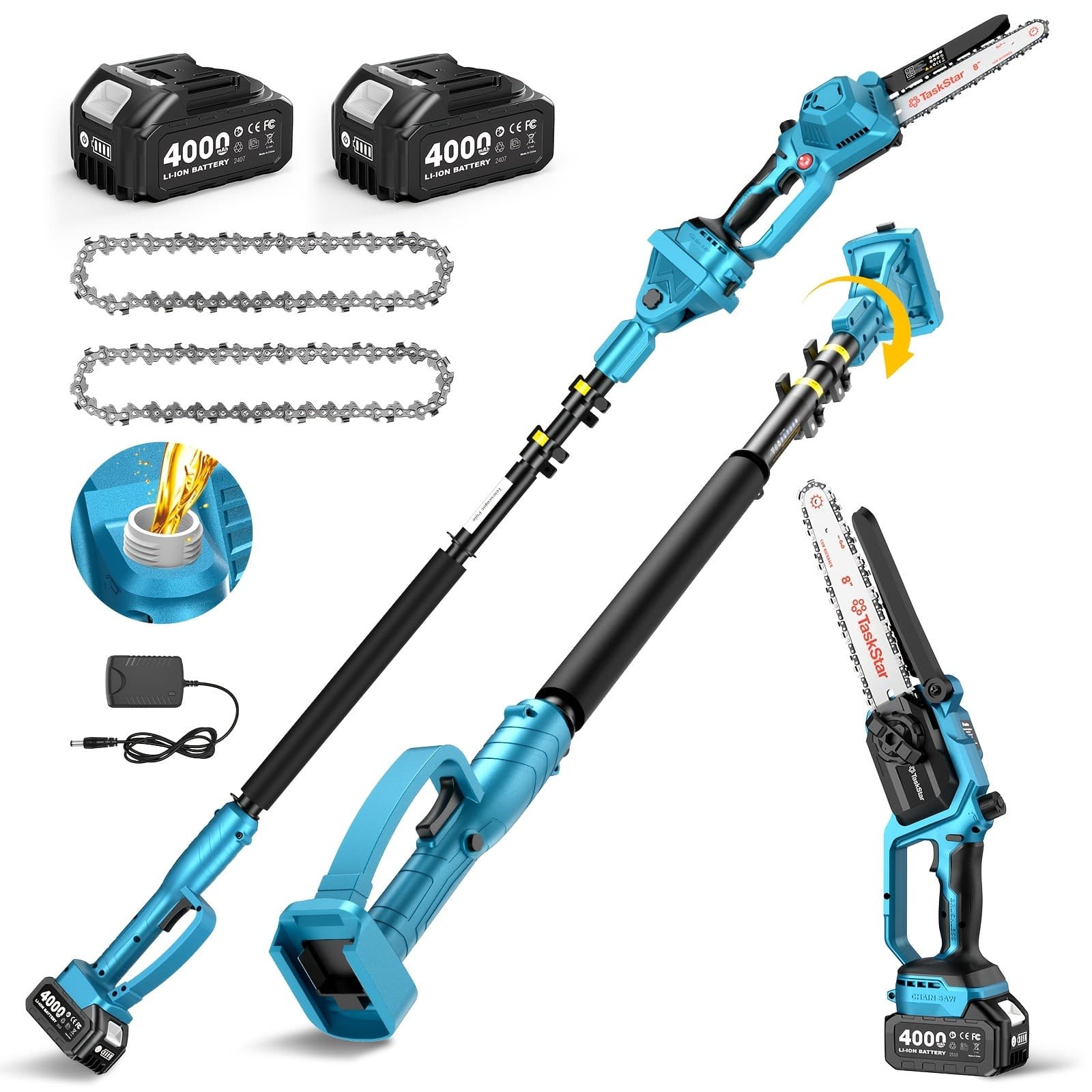 Taskstar 8inch Electric 2-in-1 Cordless Pole Saw & Mini Chainsaw,15FT Max Reach