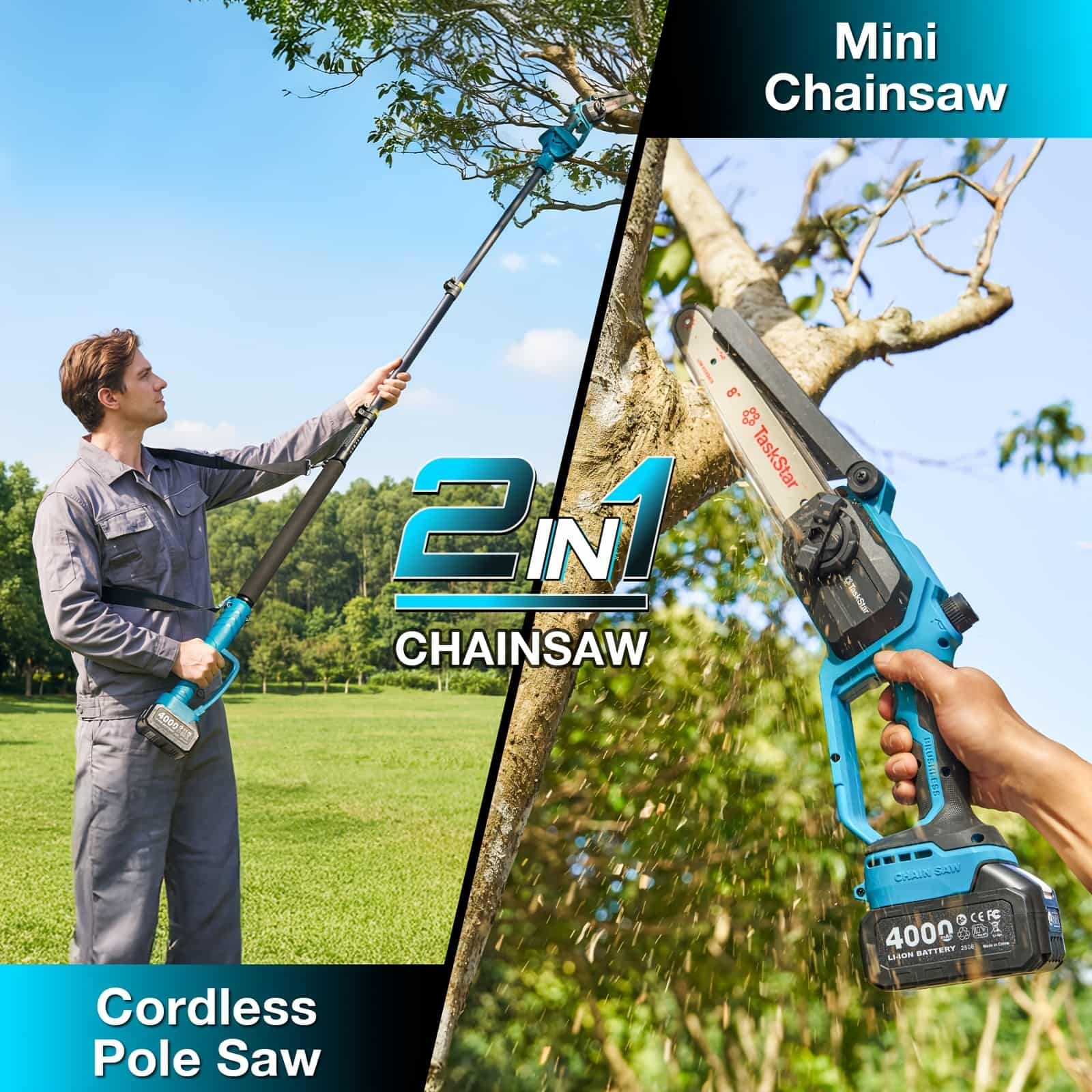 Taskstar 8inch Electric 2-in-1 Cordless Pole Saw & Mini Chainsaw,15FT Max Reach