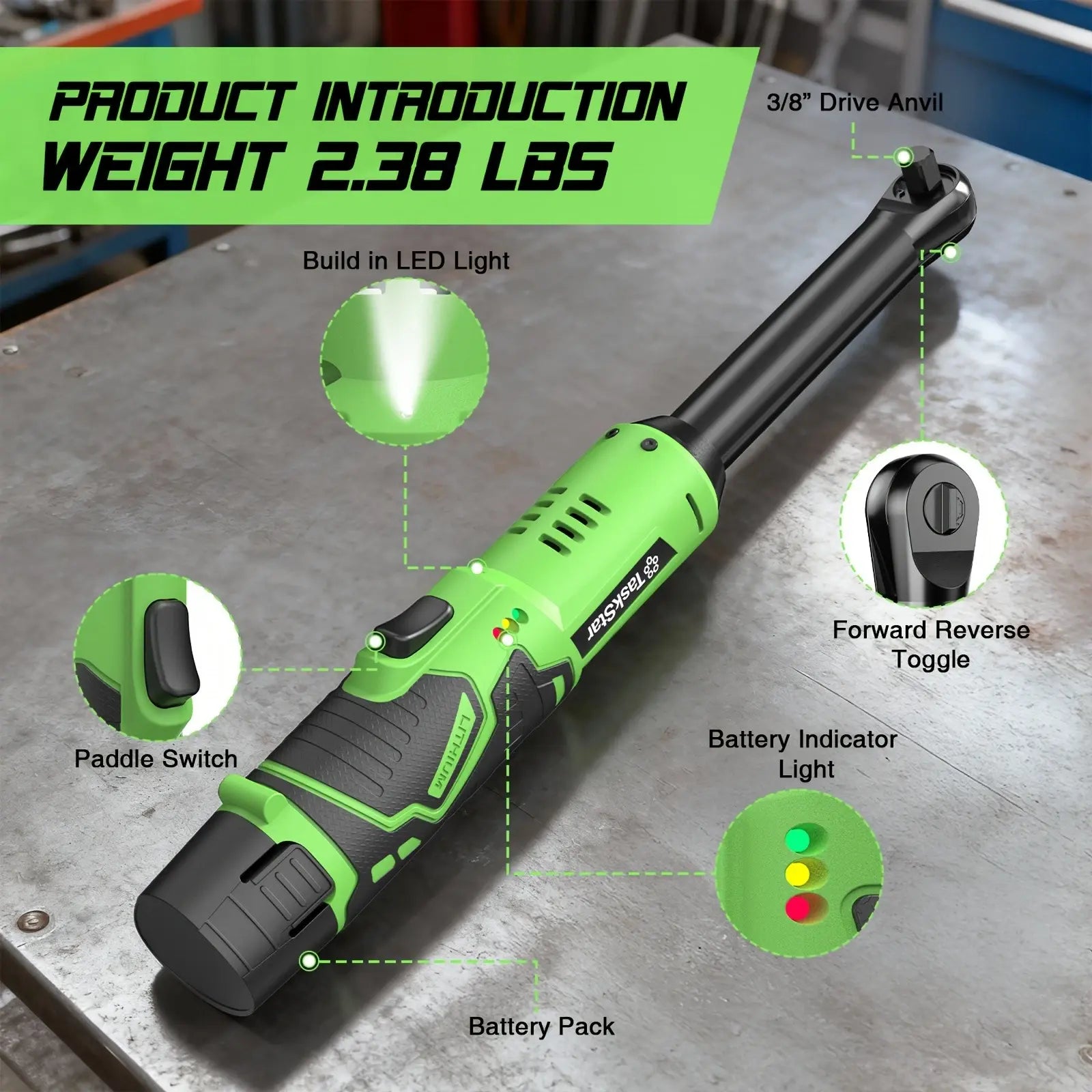 Taskstar Extended Cordless Electric Ratchet Wrench 3/8" 37 Ft-lbs 50Nm