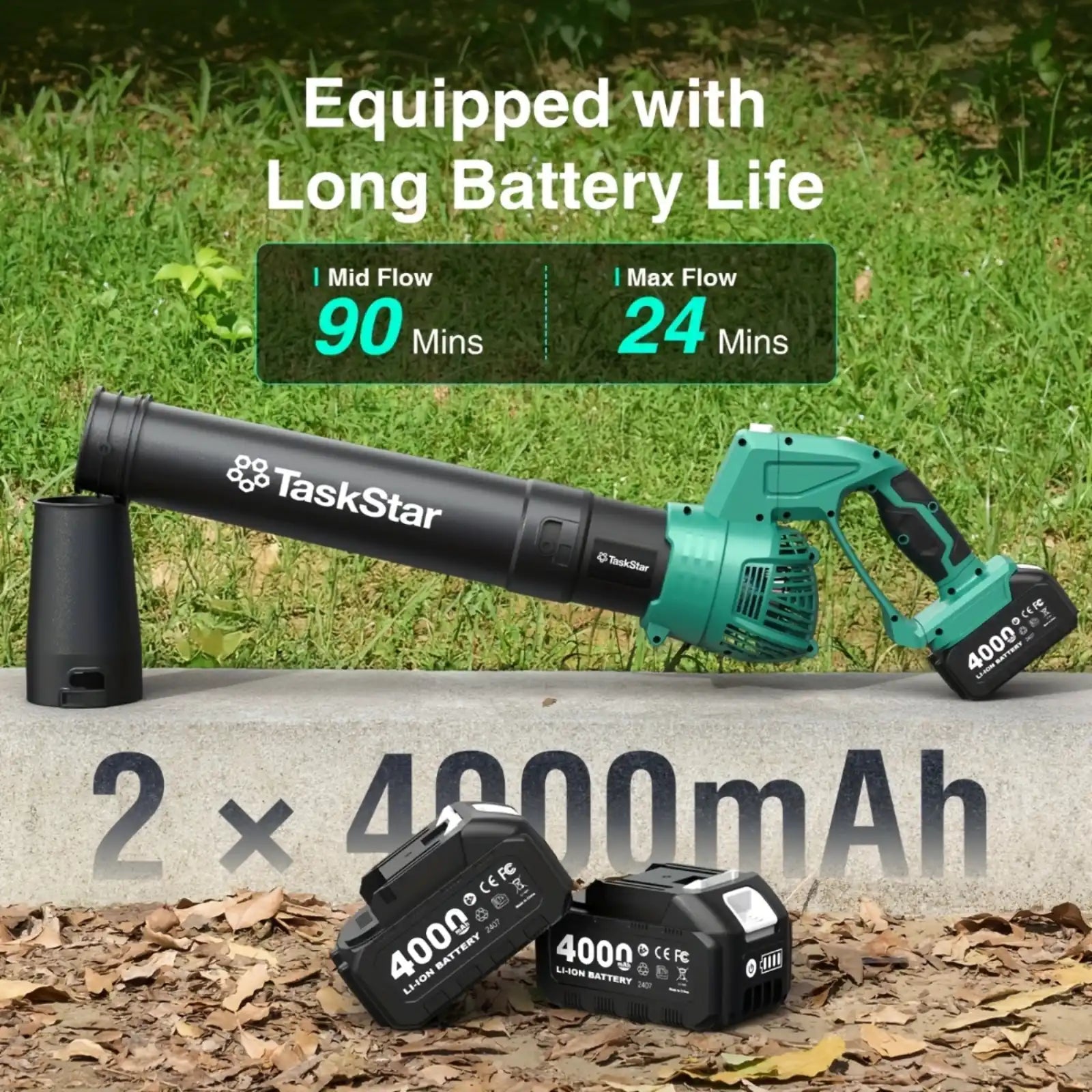 TaskStar 21V Cordless Leaf Blower With 2 × 4.0Ah Batteries for Lawn Care,Patio and Yards