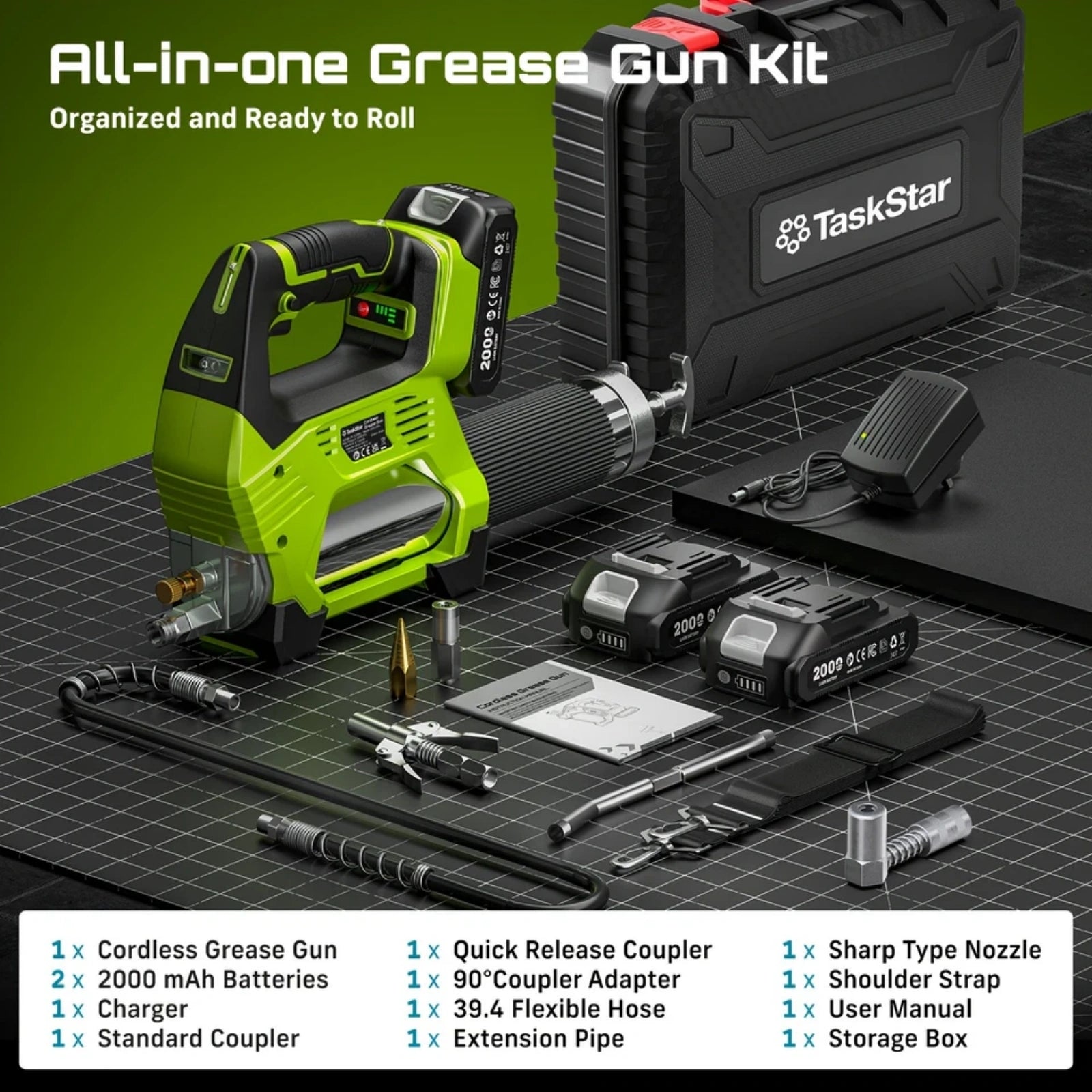 Taskstar 12000PSI Electric Grease Gun: Cordless 3-Speed With 2x2.0ah Batteries, Brushless Motor And LED Light ,6.7 oz/min flow rate Efficient for Farmers, Equipment Operators and Homeowners