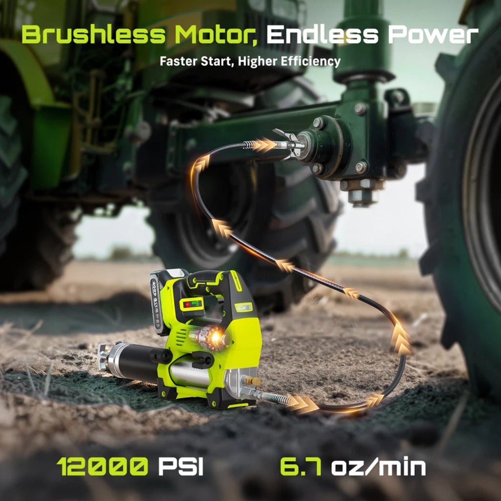 Taskstar 12000PSI Electric Grease Gun: Cordless 3-Speed With 2x2.0ah Batteries, Brushless Motor And LED Light ,6.7 oz/min flow rate Efficient for Farmers, Equipment Operators and Homeowners