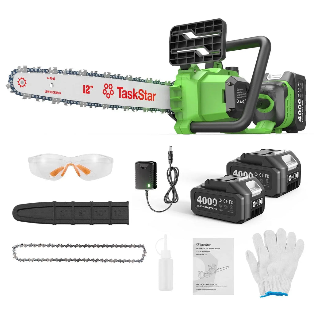 Taskstar 12" Electric Chainsaw Cordless, 21V Battery Powered Cordless Chain Saw, Chainsaw with 2 x 4.0Ah Lithium ion Battery and Charger for Wood Cutting, Tree Trimming and Branch Pruning