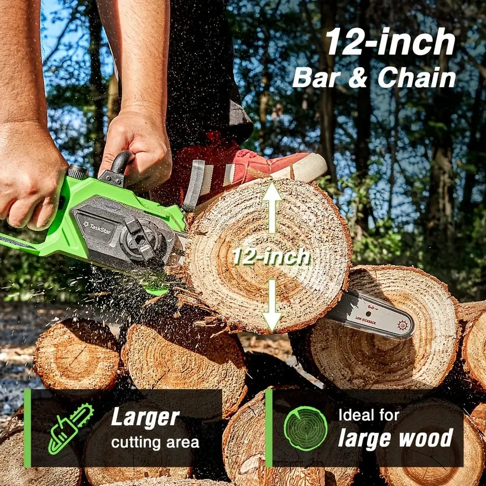 Taskstar 12" Electric Chainsaw Cordless, 21V Battery Powered Cordless Chain Saw, Chainsaw with 2 x 4.0Ah Lithium ion Battery and Charger for Wood Cutting, Tree Trimming and Branch Pruning