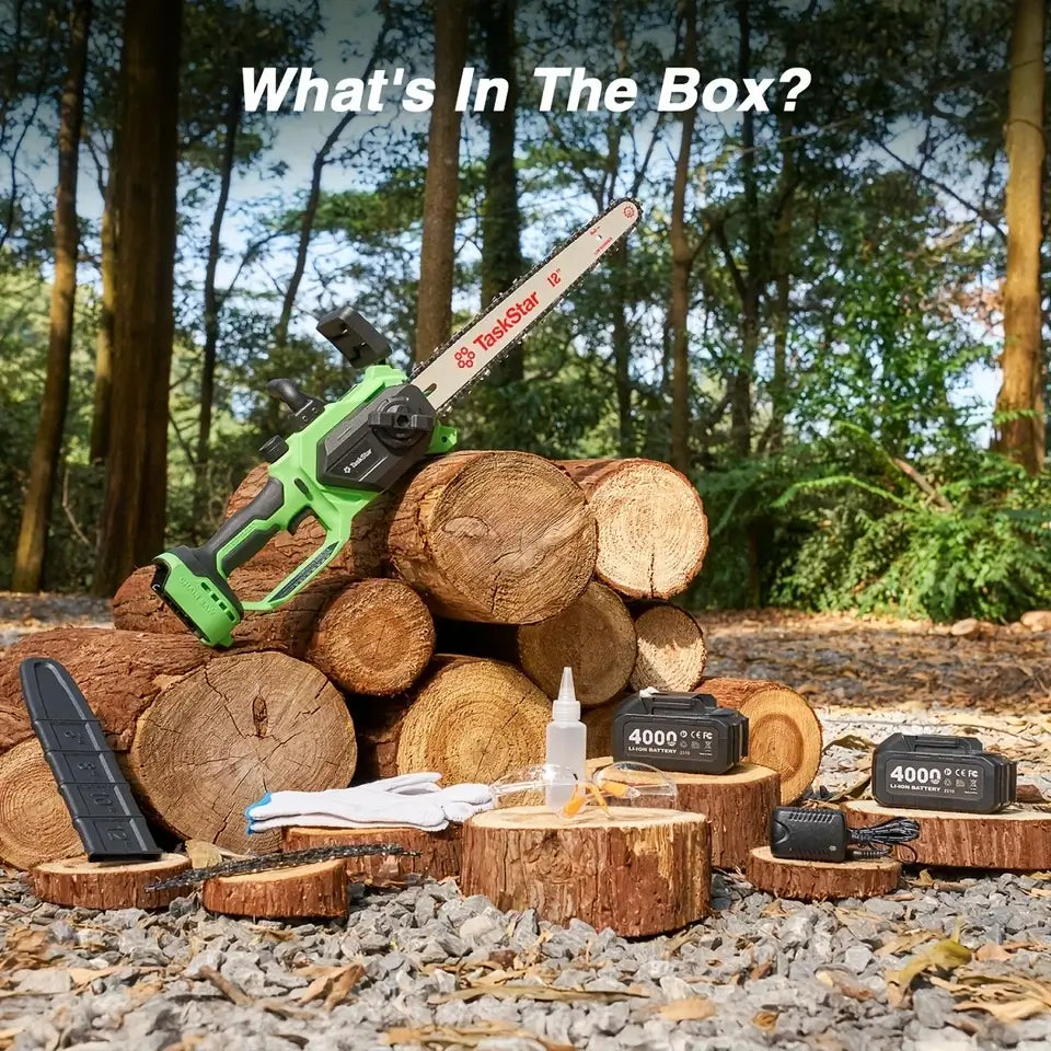 Taskstar 12" Electric Chainsaw Cordless, 21V Battery Powered Cordless Chain Saw, Chainsaw with 2 x 4.0Ah Lithium ion Battery and Charger for Wood Cutting, Tree Trimming and Branch Pruning