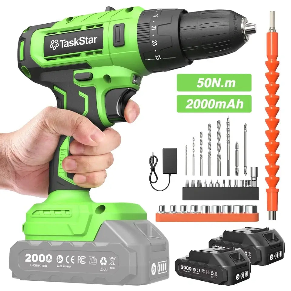 Taskstar 21V Cordless Drill/Driver, 2x2000mah Batteries Electric Screw