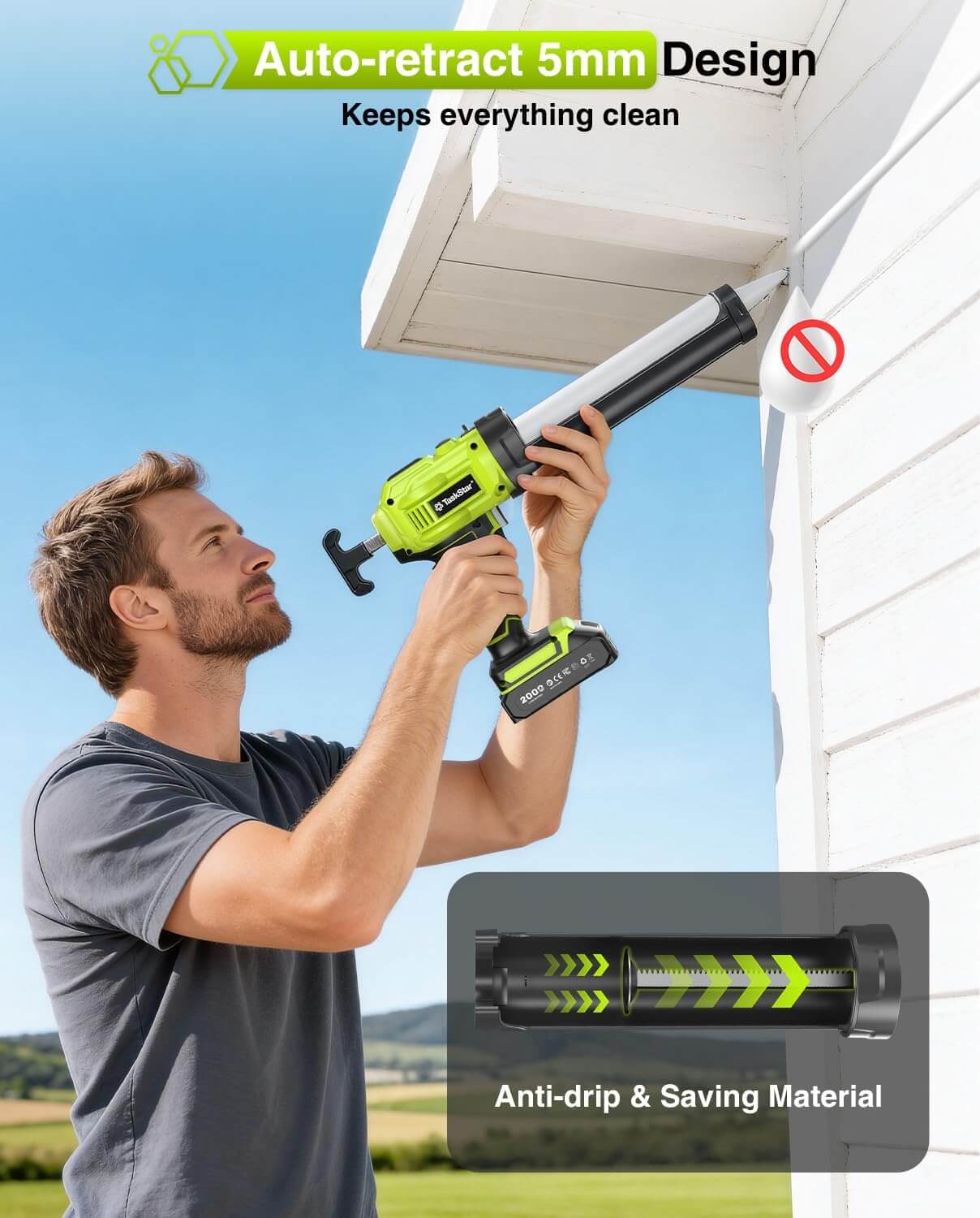 Taskstar Cordless Caulking Gun with 2000 mAh Battery Electric Caulking Gun with Caulking Tool 3 in 1