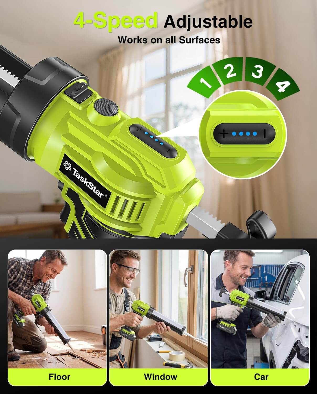 Taskstar Cordless Caulking Gun with 2000 mAh Battery Electric Caulking Gun with Caulking Tool 3 in 1